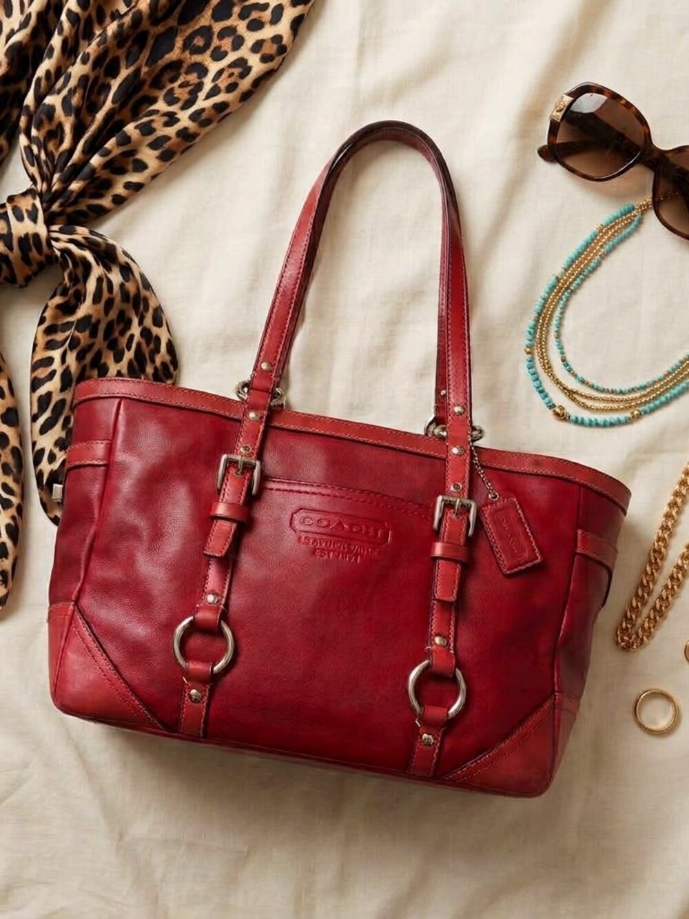 Coach Vintage Red Leather Gallery East West Tote Bag F12343